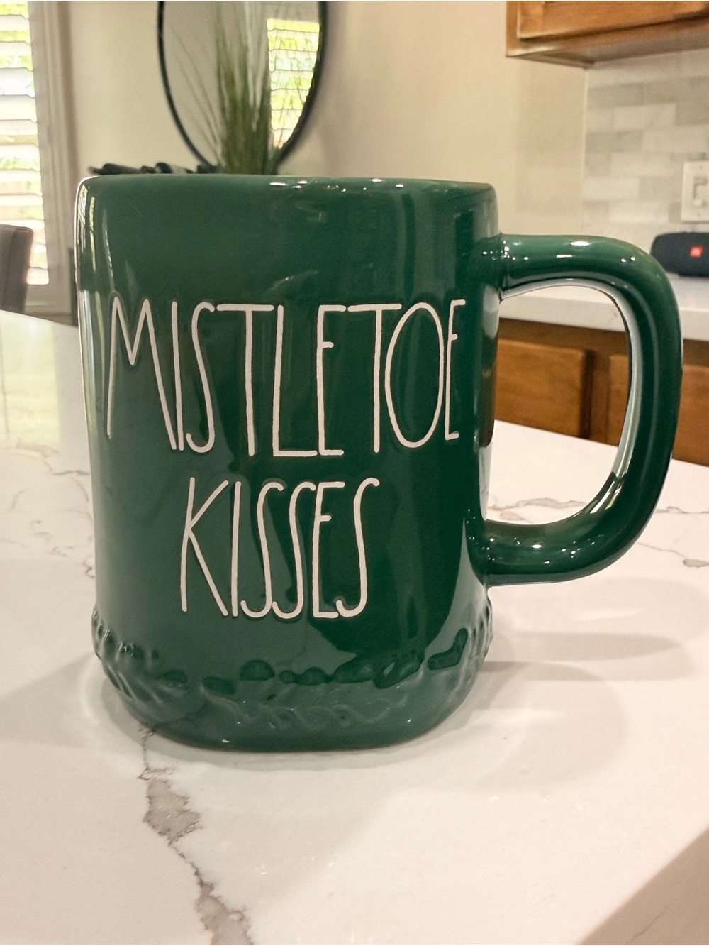 Rae Dunn MISTLETOE KISSES Green Ceramic Coffee Mug Artisan Collection
